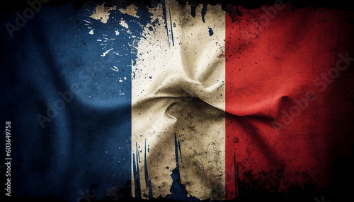 Flag of France or the Tricolour background with a distressed vintage weathered effect texture which was introduced after the French Revolution, computer Generative AI stock illustration image