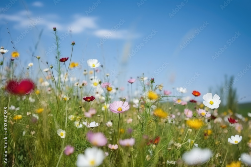 Multicolored cosmos flowers in meadow in spring summer nature against blue sky. Selective soft focus Multicolored cosmos flowers in meadow in spring summer nature against blue sky. Selective soft focus