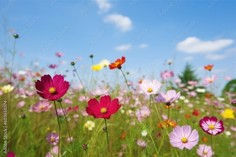 Multicolored cosmos flowers in meadow in spring summer nature against blue sky. Selective soft focus Multicolored cosmos flowers in meadow in spring summer nature against blue sky. Selective soft focus