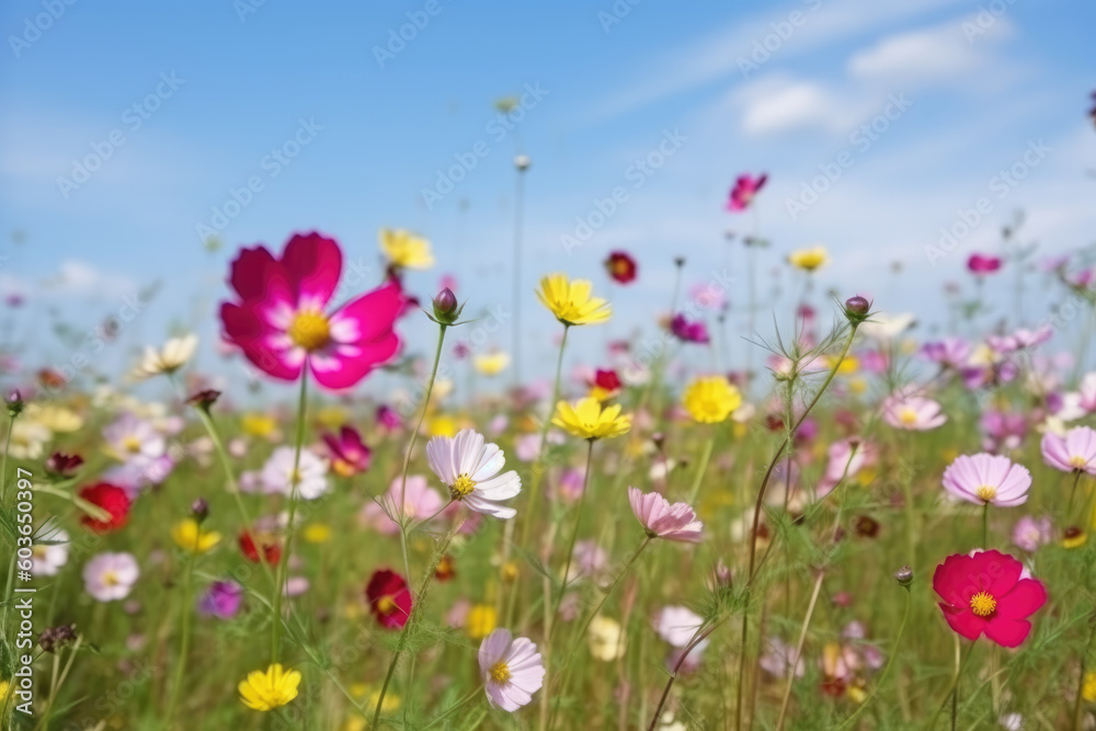 Multicolored cosmos flowers in meadow in spring summer nature against blue sky. Selective soft focus