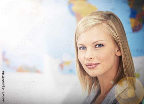 Travel agency, face portrait and happy woman, business agent or consultant working on planning global tour. Tourism industry, office lens flare and confident person smile for route journey plan
