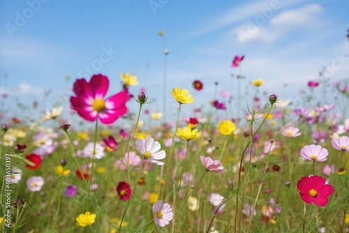 Multicolored cosmos flowers in meadow in spring summer nature against blue sky. Selective soft focus © Kateryna