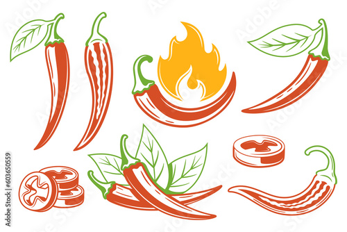 Red chili peppers icons set isolated on white background. Vector illustration