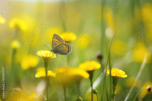 Cheerful buoyant spring summer shot of yellow Santolina flowers and butterflies in meadow in nature outdoors on bright sunny day, macro. Soft selective focus © Kateryna