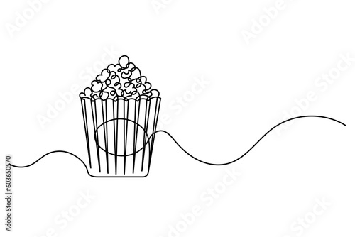 Continuous one line drawing of a crunchy popcorn snack. Vintage popcorn snack isolated on a white background. Vector illustration