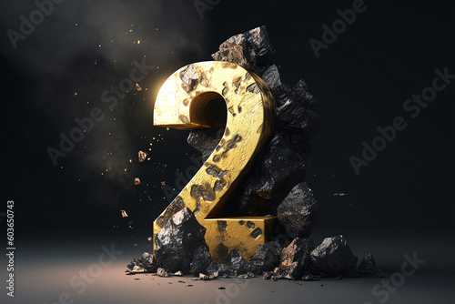 Stone style font.Golden number 2,two,forged from stone. Second place. Anniversary.Abstract rock texture with particles,sparkling,exploding with powder elements against black background. Generative AI photo