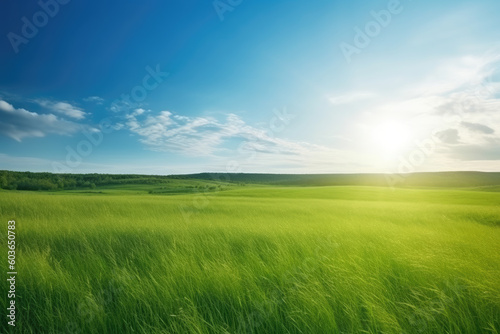 Beautiful panoramic natural landscape of a green field with grass against a blue sky with sun. Spring summer blurred background. © Kateryna