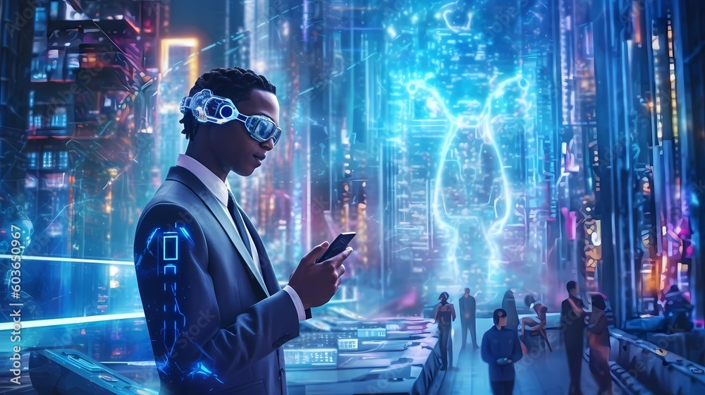 vibrant and futuristic technology image of a person interacting with an AI-powered virtual assistant using a smartphone, showcasing the seamless integration of AI into everyday life vibrant and futuristic technology image of a person interacting with an AI-powered virtual assistant using a smartphone, showcasing the seamless integration of AI into everyday life