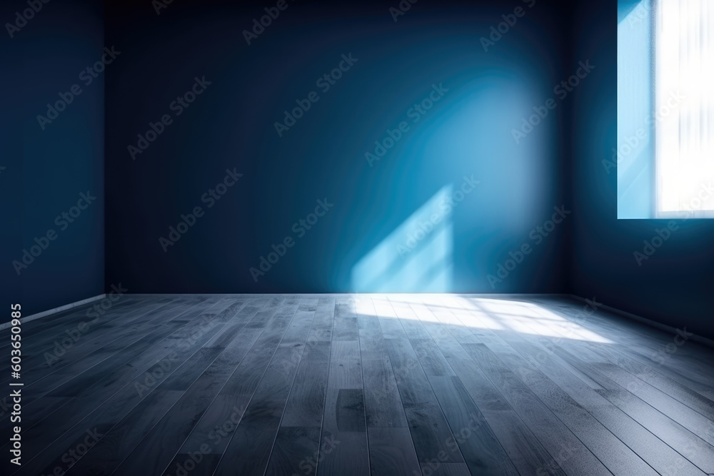 Blue empty wall and wooden floor with interesting light glare. Interior background for the presentation