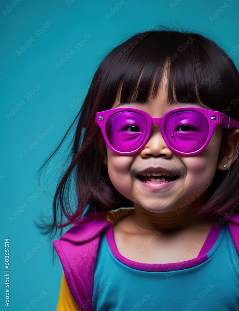 Portrait of a beautiful fashionable Asian girl in neon light in pink magenta and cyan blue tones. Futuristic, cyberpunk or hipster in fluorescent sunglasses. generative ai Portrait of a beautiful fashionable Asian girl in neon light in pink magenta and cyan blue tones. Futuristic, cyberpunk or hipster in fluorescent sunglasses. generative ai