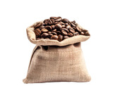 Coffee beans in bag isolated on transparent background. PNG format	
