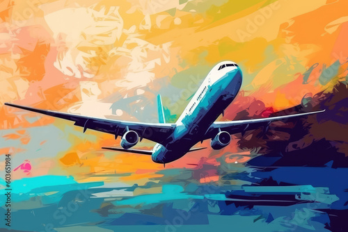 Abstract art. Colorful painting art of a modern airplane landing at the airport. Background illustration