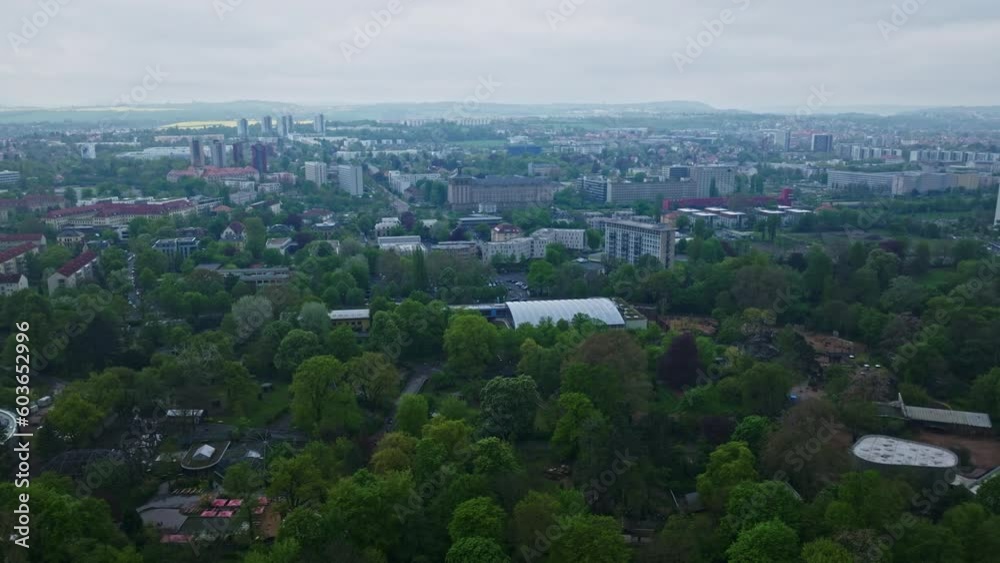 Drone shot of Zoo Dresden . The zoo is located on the southern edge of the Großer Garten ( The Grand Garden of Dresden ) , a large city centre park , Dresden , Germany Drone shot of Zoo Dresden . The zoo is located on the southern edge of the Großer Garten ( The Grand Garden of Dresden ) , a large city centre park , Dresden , Germany