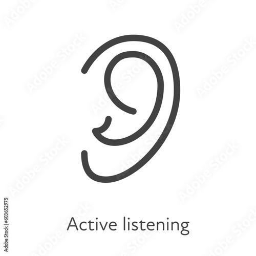 Outline style ui icons soft skill for business collection. Vector black linear illustration. Active listening. Human ear listen symbol isolated on white background. Design for corporate training