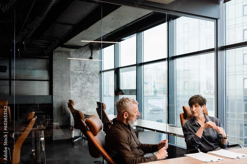 Confident mature colleagues talking about contract in office Confident mature colleagues talking about contract in office