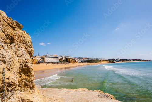 Awesome view of Albufeira Beach, panoramic , turistic and famous place called praia dos pescadores or fisherman beach in Albufeira, Portugal.