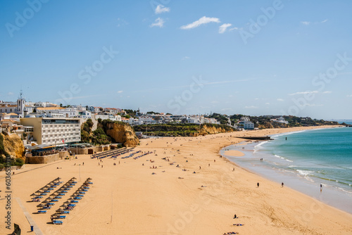 Awesome view of Albufeira Beach, panoramic , turistic and famous place called praia dos pescadores or fisherman beach in Albufeira, Portugal.