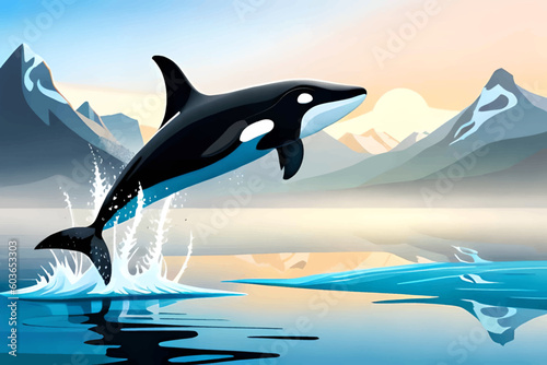 Orca jumping out of the water. Jumping killer whale. killer whale vector illustration.