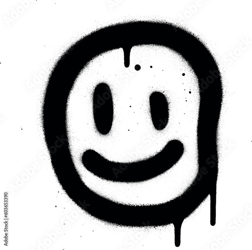smiling graffiti icon sprayed in black over white.