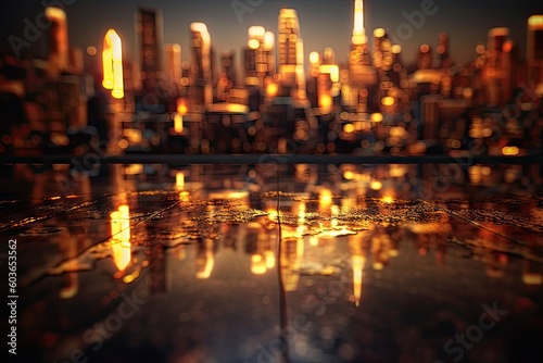 Luxurious Gold Glitter on blur city Background. Abstract Light. Generative AI illustrations.