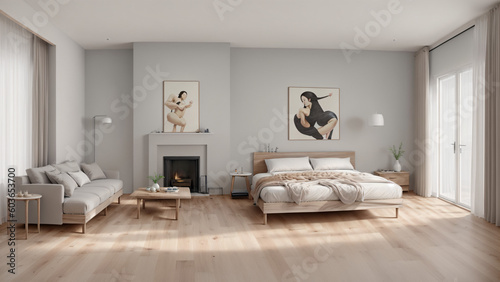 modern minimalist living room. wood floor, gray bed, white atmostphere, minimalist interior photo