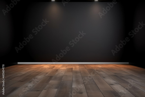 Empty light dark wall with beautiful chiaroscuro and wooden floor. Minimalist background for product presentation  mock up.