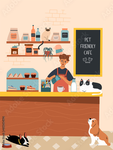 Pet friendly cafe concept. Barista at the bar with dogs and cats.