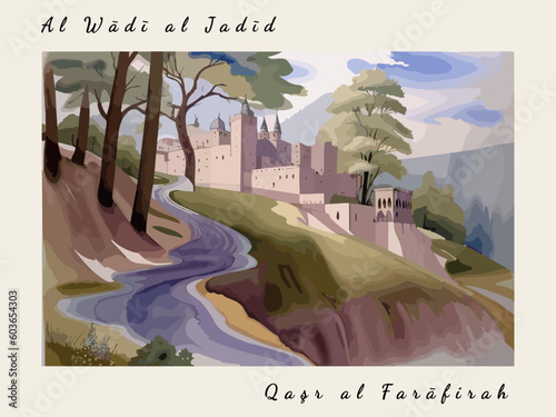 Qaşr al Farāfirah: Postcard design with a scene in Egypt and the city name Qaşr al Farāfirah