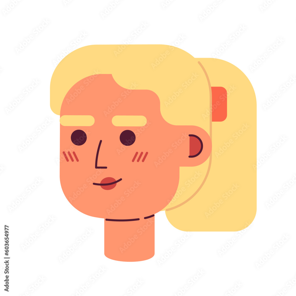 Young adult blonde woman with ponytail semi flat vector character head. Pretty blond girl. Editable cartoon avatar icon. Face emotion. Colorful spot illustration for web graphic design, animation Young adult blonde woman with ponytail semi flat vector character head. Pretty blond girl. Editable cartoon avatar icon. Face emotion. Colorful spot illustration for web graphic design, animation