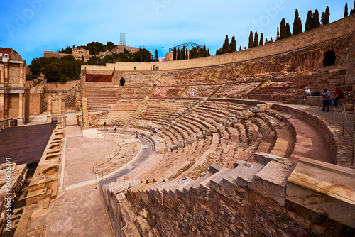 A beautiful high angle shot of the Roman Theatre. Well preserved and partially restored. Spain, Cartagena - April, 2023