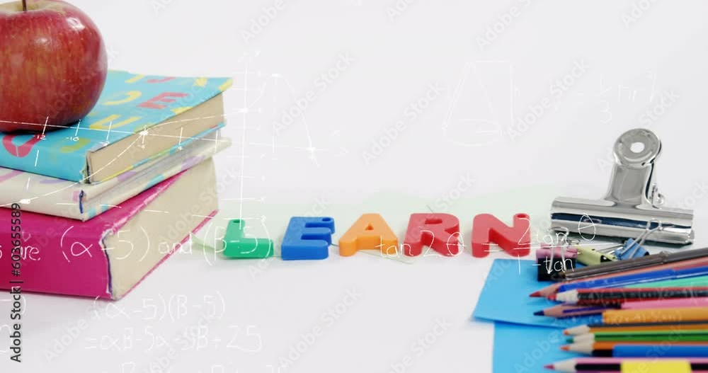 Animation of mathematical data processing over school items Animation of mathematical data processing over school items