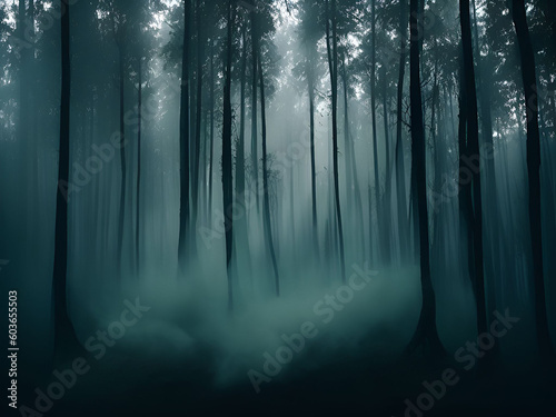 Dark mysterious forest for scary dark background. Generative ai