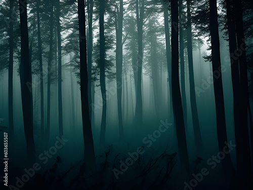 Dark mysterious forest for scary dark background. Generative ai