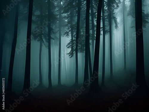 Dark mysterious forest for scary dark background. Generative ai