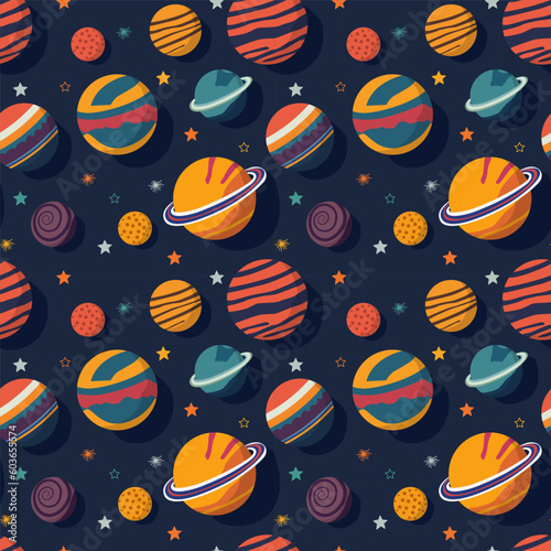 A set of vector space seamless pattern with planets and stars. Night sky hand drawn doodle astronomical background Vector graphic