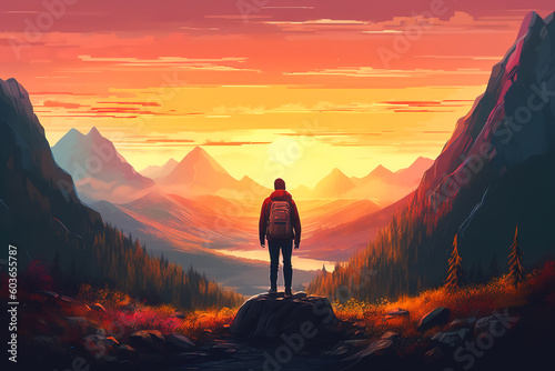 Journey, adventure, trip, hike concept. Rear view of male traveler standing in mountains against backdrop of sunset. Generative AI