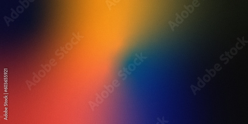 Color gradient grainy background, Orange toned blue illuminated spots on black, noise texture effect