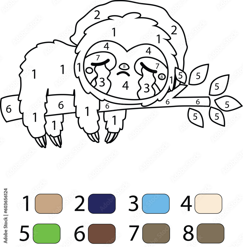 Sloth Color By Number Coloring Pages Stock Vector | Adobe Stock