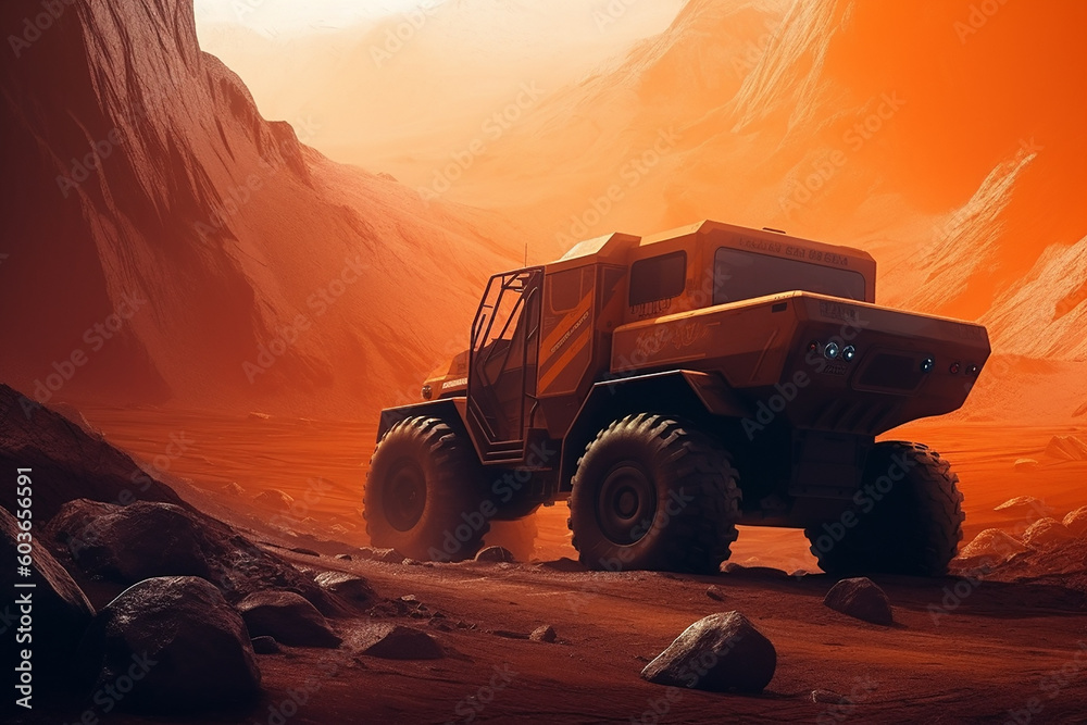 Mining truck walks on lava on Mars. Mining truck walks on lava on Mars.