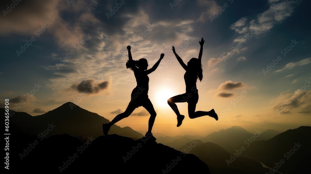 Silhouette of two women jumping and cheering together on the top of mountain with a morning sky and sunrise and enjoys the moment of success. Generative AI