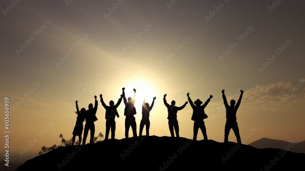 Silhouette of many businessmen and women, team, teamwork, standing and cheering together on the top of mountain with a morning sky and sunrise and enjoys the moment of success. Generative AI