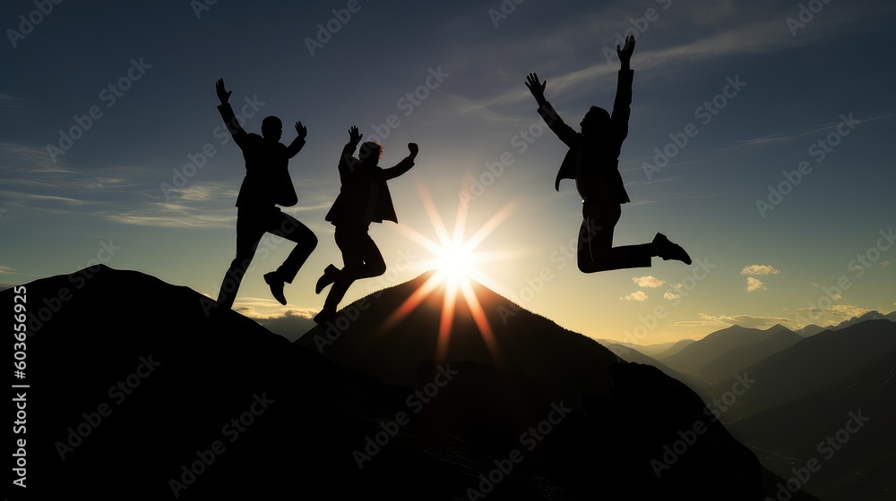 Silhouette of three businessmen jumping and cheering together on the top of mountain with a morning sky and sunrise and enjoys the moment of success. Generative AI Silhouette of three businessmen jumping and cheering together on the top of mountain with a morning sky and sunrise and enjoys the moment of success. Generative AI