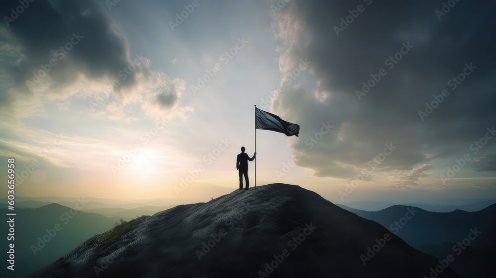 A silhouette of a successful businessman holding a large flag stands on top of a mountain in the morning sunlight, featuring his success - obrazy, fototapety, plakaty 