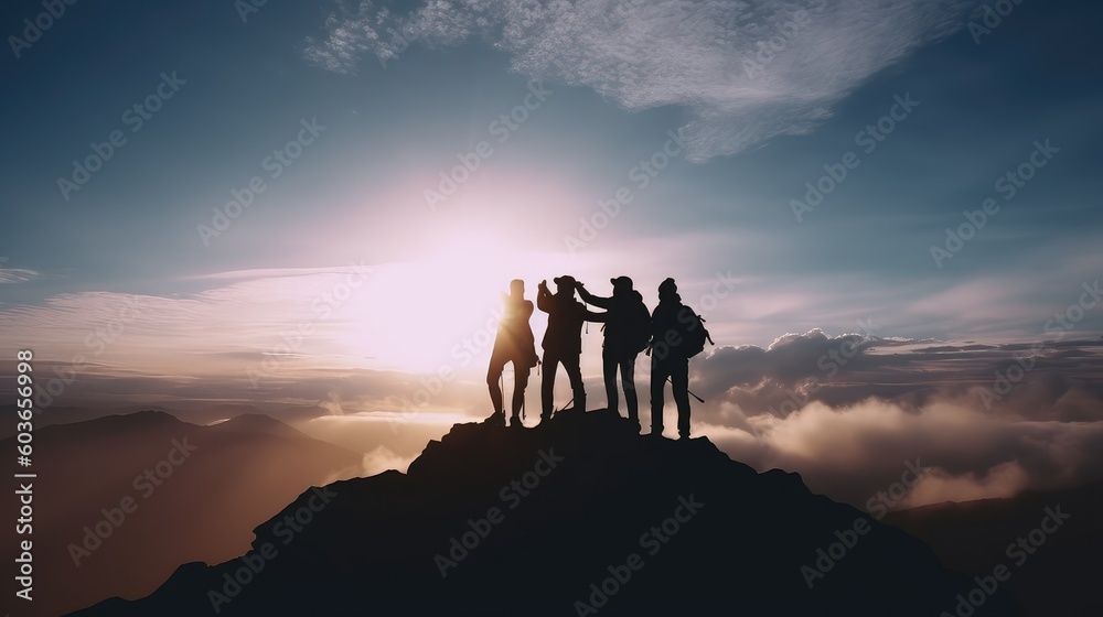 A silhouette of four men or hikers enjoy successful moment after climb up to the top or peak of a mountain successfully. Teamwork and collaboration in achieving success. Generative AI