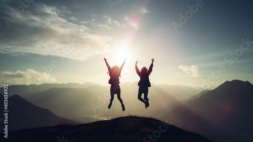 Silhouette of two businesswomen jumping and cheering together on the top of mountain with a morning sky and sunrise and enjoys the moment of success. Generative AI