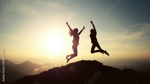 Silhouette of two women jumping and cheering together on the top of mountain with a morning sky and sunrise and enjoys the moment of success. Generative AI © KikkyCNX