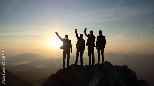 Silhouette of four businessmen standing and raise their hands together on the top of mountain with a morning sky and sunrise and enjoys the moment of success. Generative AI