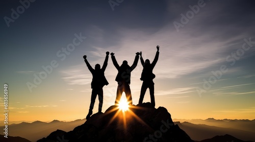 Silhouette of three businessmen standing and raise their hands together on the top of mountain with a morning sky and sunrise and enjoys the moment of success. Generative AI