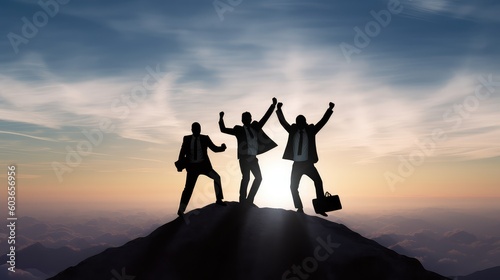 Silhouette of three businessmen standing and cheering together on the top of mountain with a morning sky and sunrise and enjoys the moment of success. Generative AI