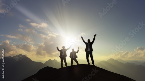 Silhouette of three businessmen standing and raise their hands together on the top of mountain with a morning sky and sunrise and enjoys the moment of success. Generative AI